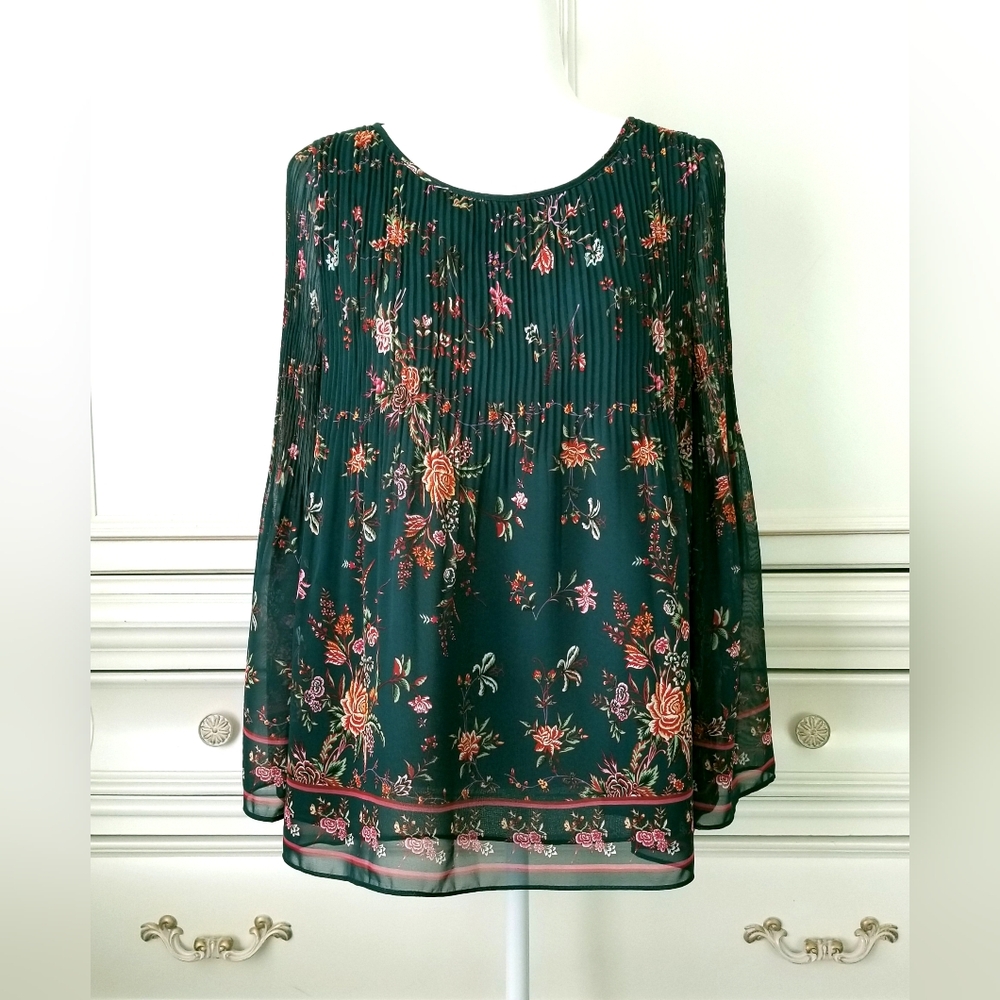 Max Studio Teal Floral Accordion Pleat Bell Sleeve Pullover Top Large NWT